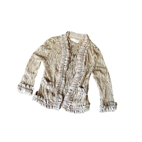 A'reve Beige Womens XS/S Feminine Lace Ruffle Open Front Cardigan - Picture 1 of 9